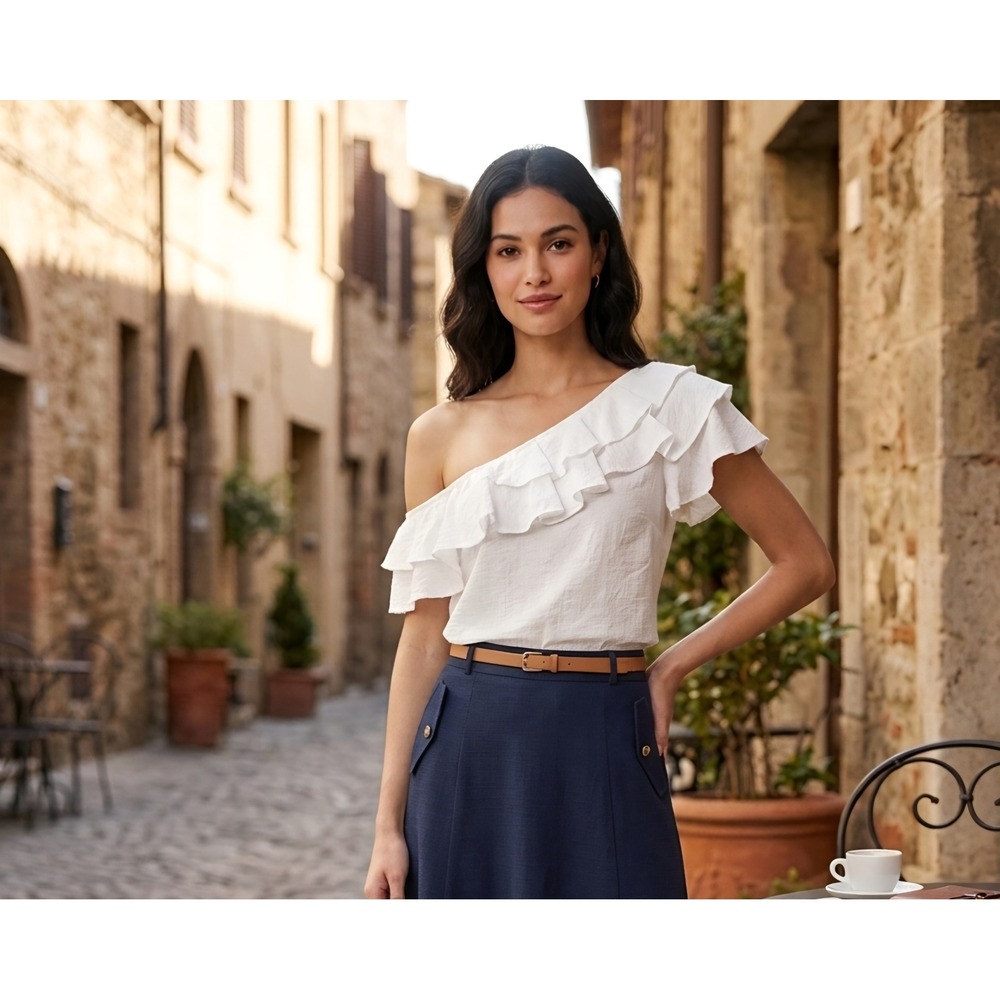 Entro White Off One Shoulder Ruffle Blouse T7489 Textured Asymmetrical Top Small